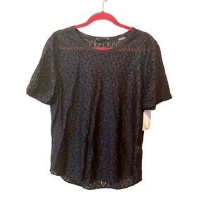 Equipment Femme Blouse Top Women SZ L Black Lace Crew Neck Short Sleeve Pullover